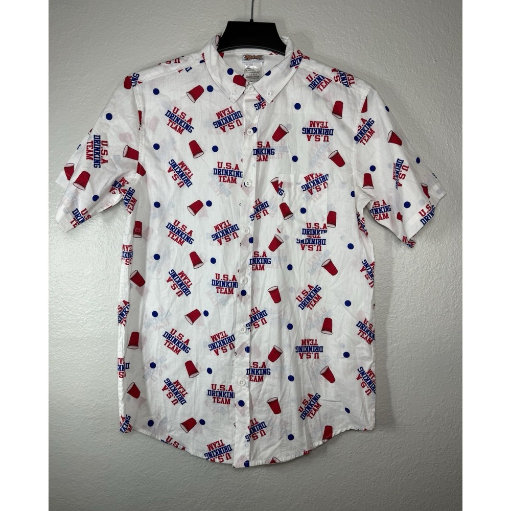 Spencer's Gifts Mens S Short Sleeve USA Drinking Team Button Up Shirt Party